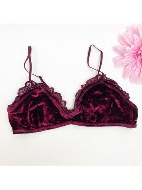 Free People Intimately Beautiful Dreamer Velvet Lace Bra Bralette: Wine Burgundy